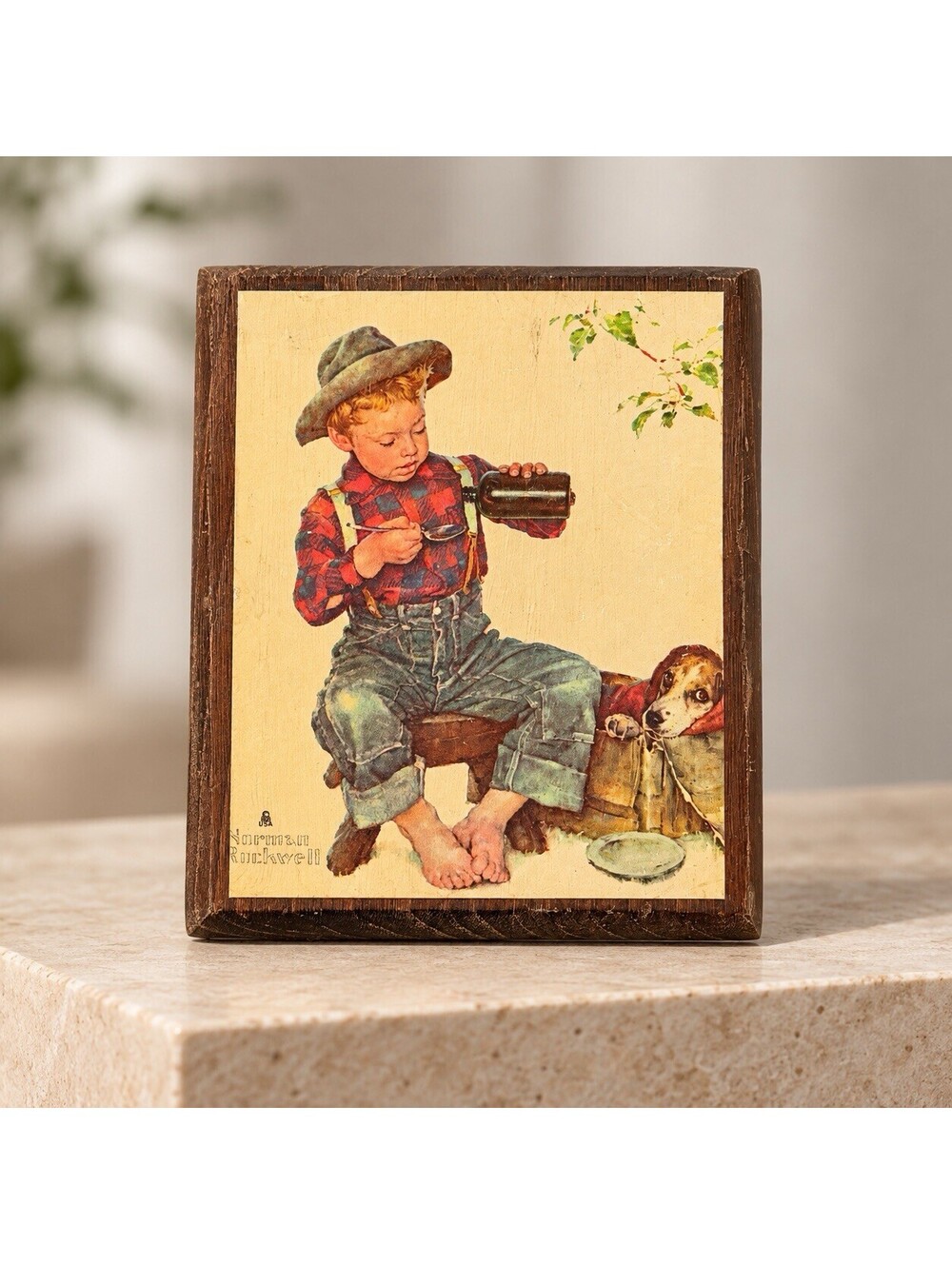 Norman Rockwell Sick Puppy Wood Plaque Cornwall Fine Art Repro Americana Decor